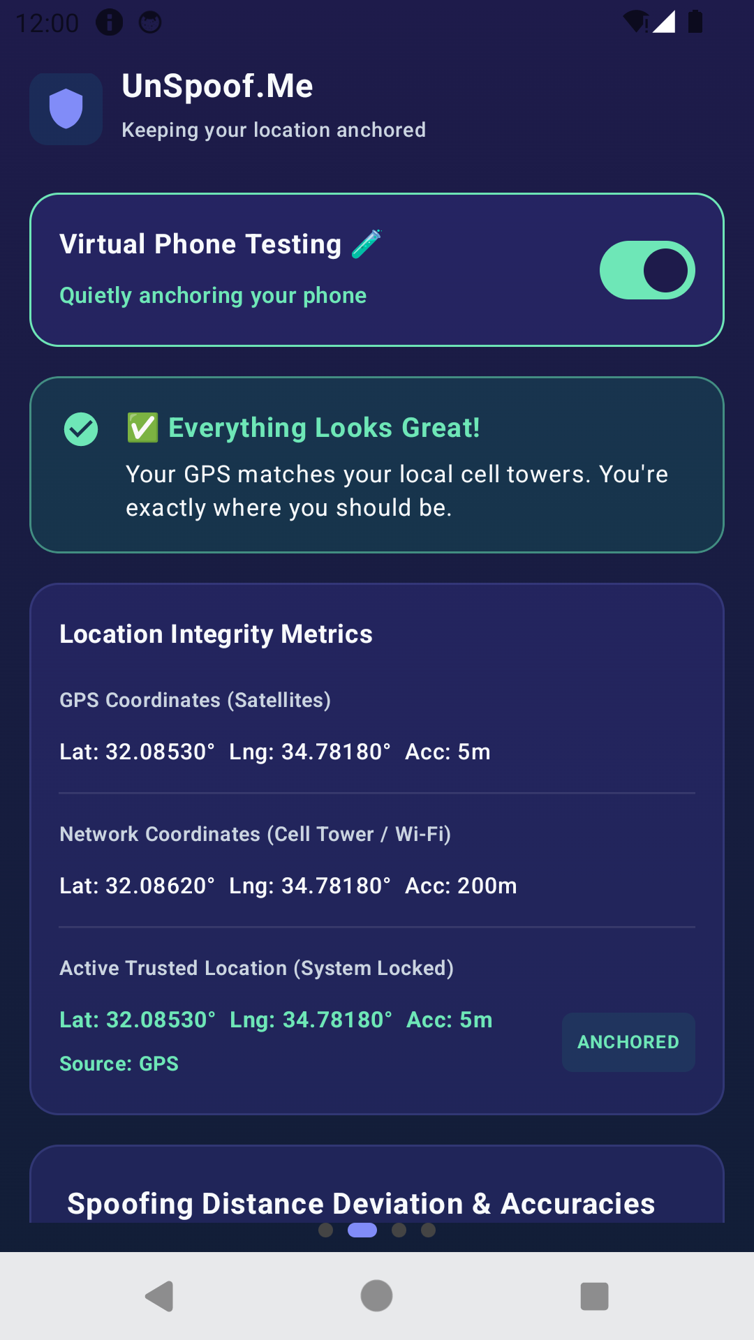 UnSpoof.Me App Dashboard Mockup showing active shield protection